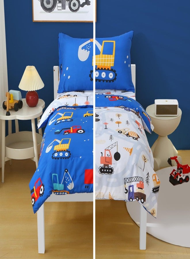 JQWUPUP Blue Cartoon Car Construction Toddler Bedding Set for Boys, 4 Piece Reversible Truck Lightweight Toddler Comforter with Bed Sheet Set - Image 3